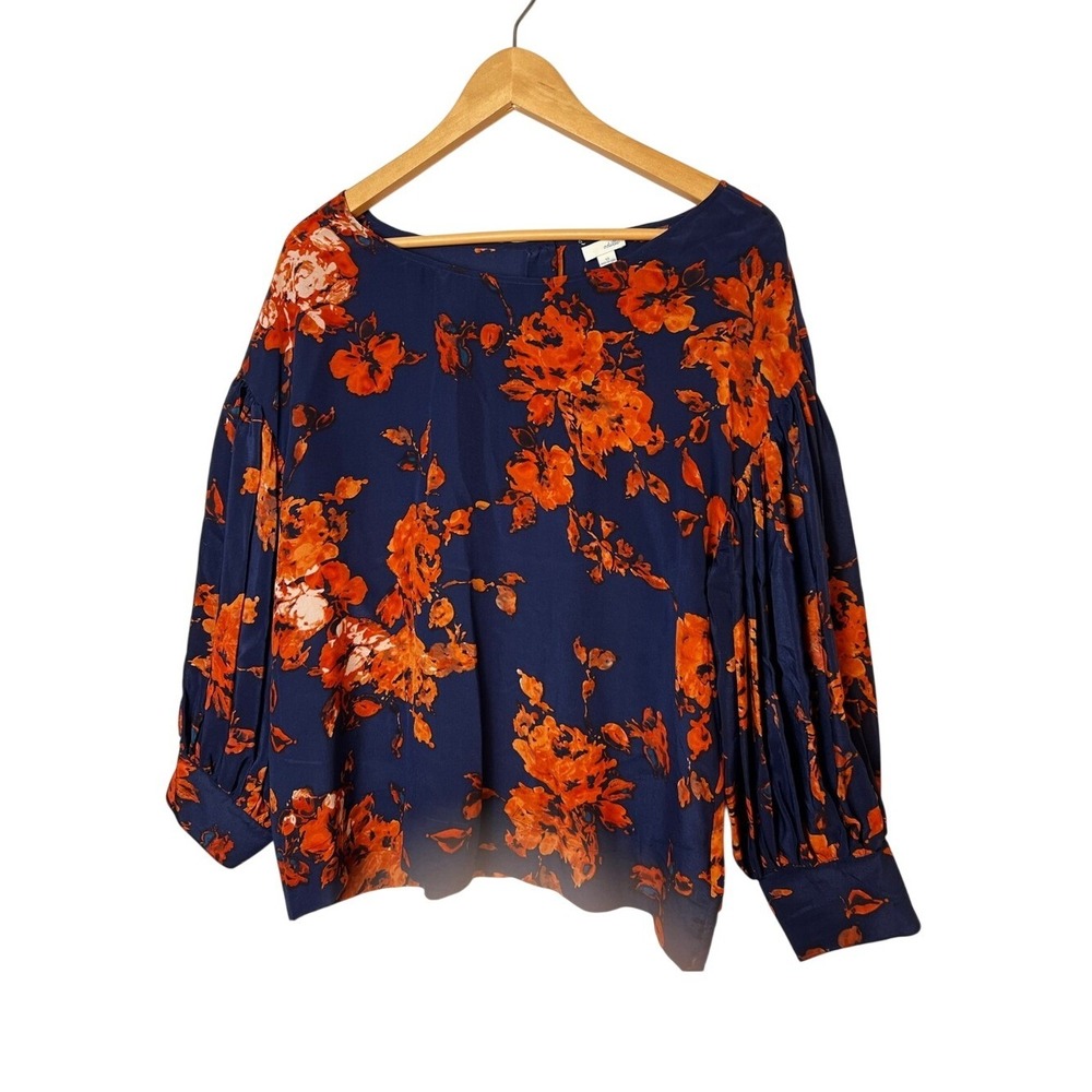 Anthropologie Navy Blue Blouse with Orange Floral Print